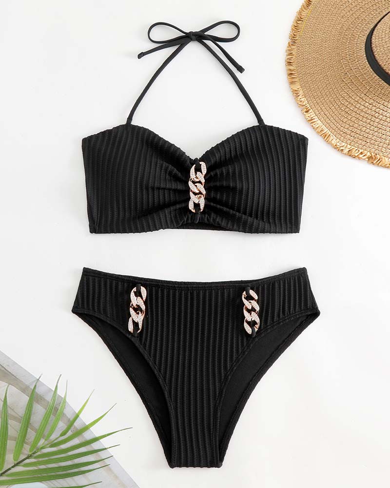 Halter Solid Color Striped Swimsuit
