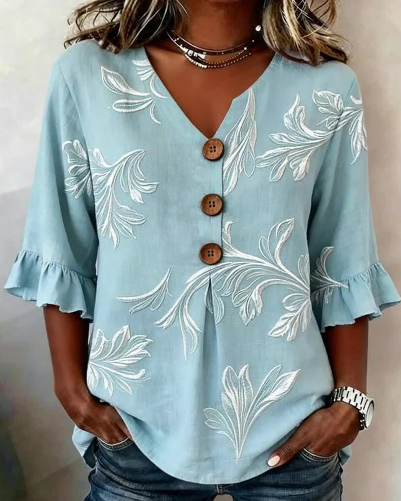 Ruffle Sleeve Three-Button Blouse