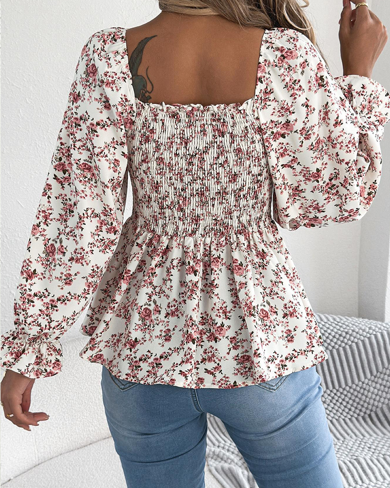 Square Neck Smocked Floral Ruffle Blouse