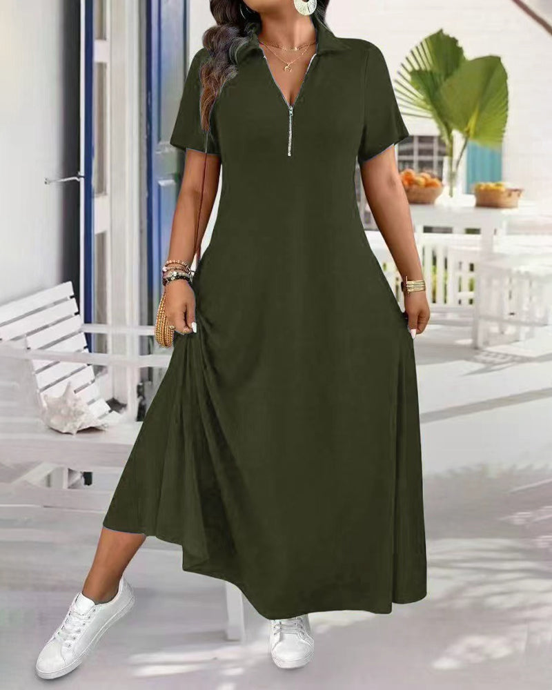 Short Sleeve Solid Zipper Maxi Dress