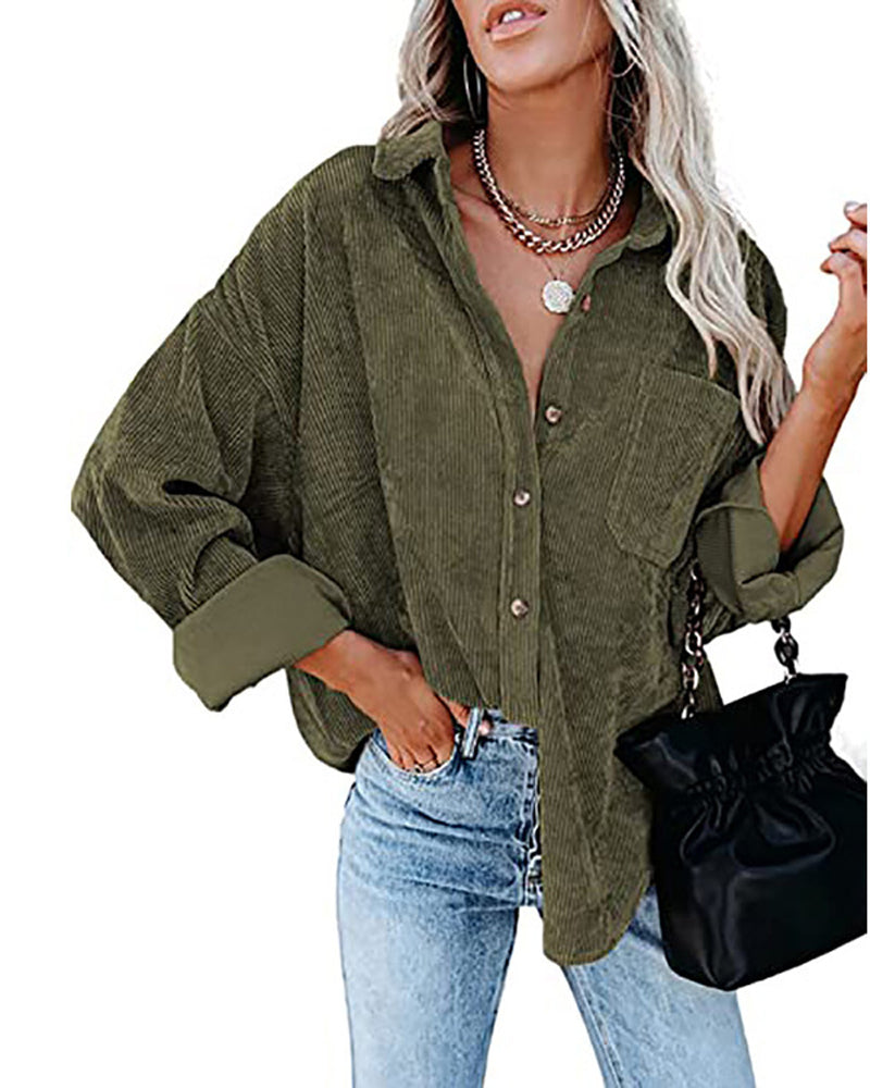 Solid Color Corduroy Pocket Blouse
