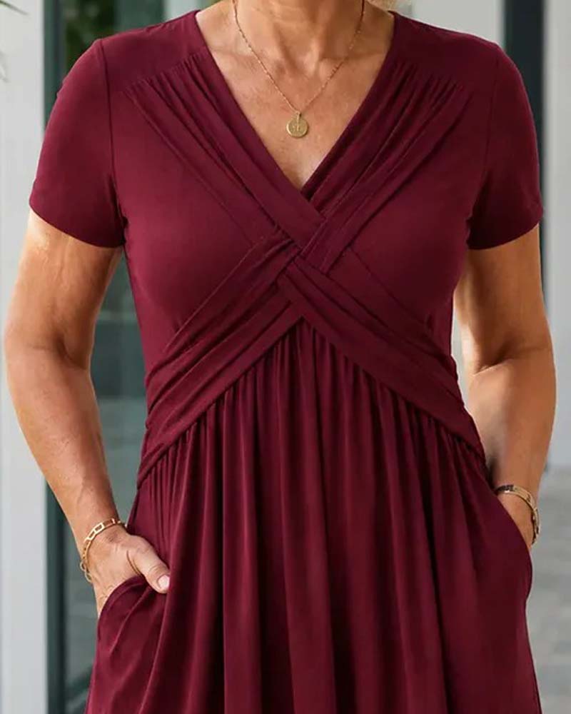 Cross V-Neck Fitted Waist Short Sleeve A-Line Dress
