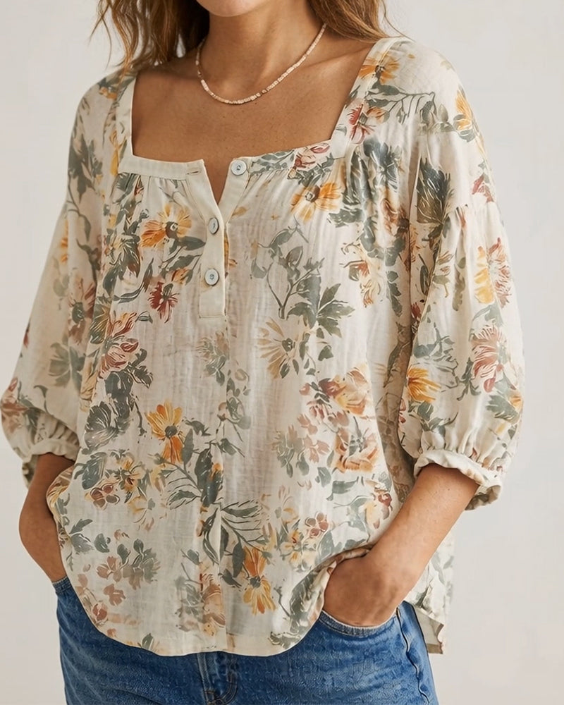 Square Neck Floral Lantern Sleeve Blouse