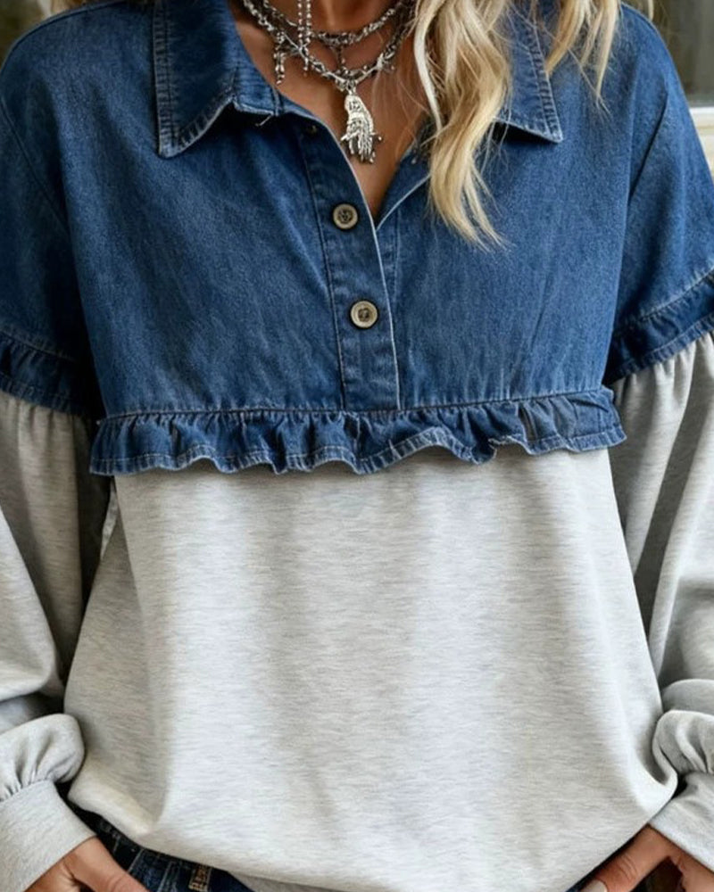 Shirt Collar Ruffled Patchwork Top