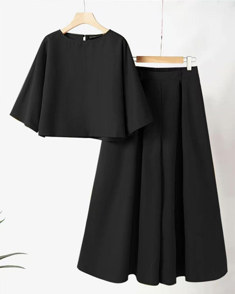 Solid Three-Quarter Sleeve Long Pants Two-Piece Set