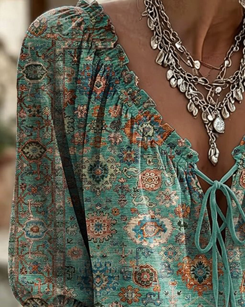 V-Neck Tie Vintage Print Blouse