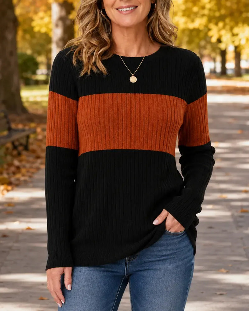 Round Neck Ribbed Contrasting Color Top
