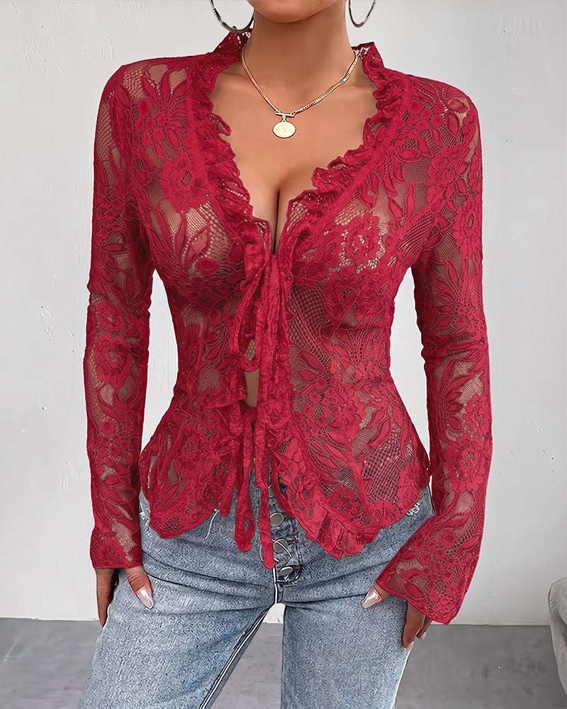 V-Neck Tie Lace Blouse