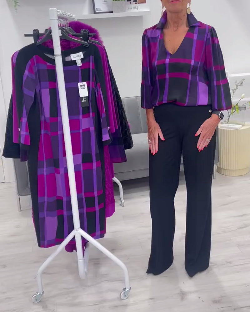 Lapel V-neck large plaid blouse