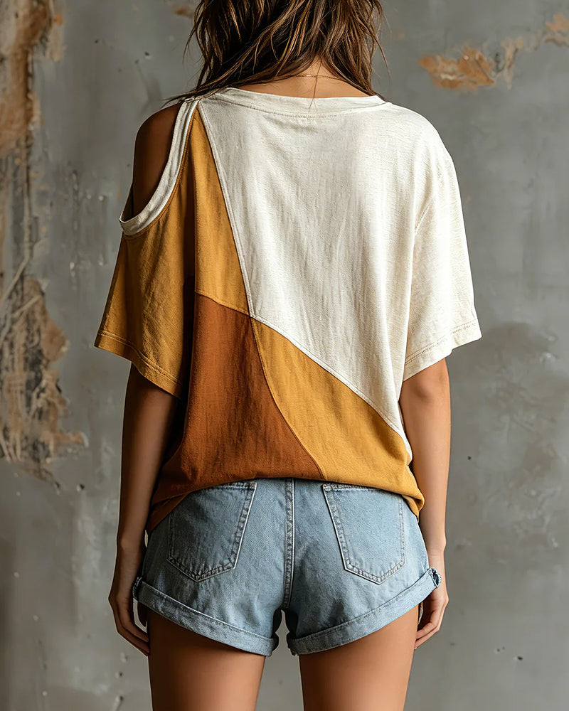 Color Block Off-Shoulder Loose T-Shirt