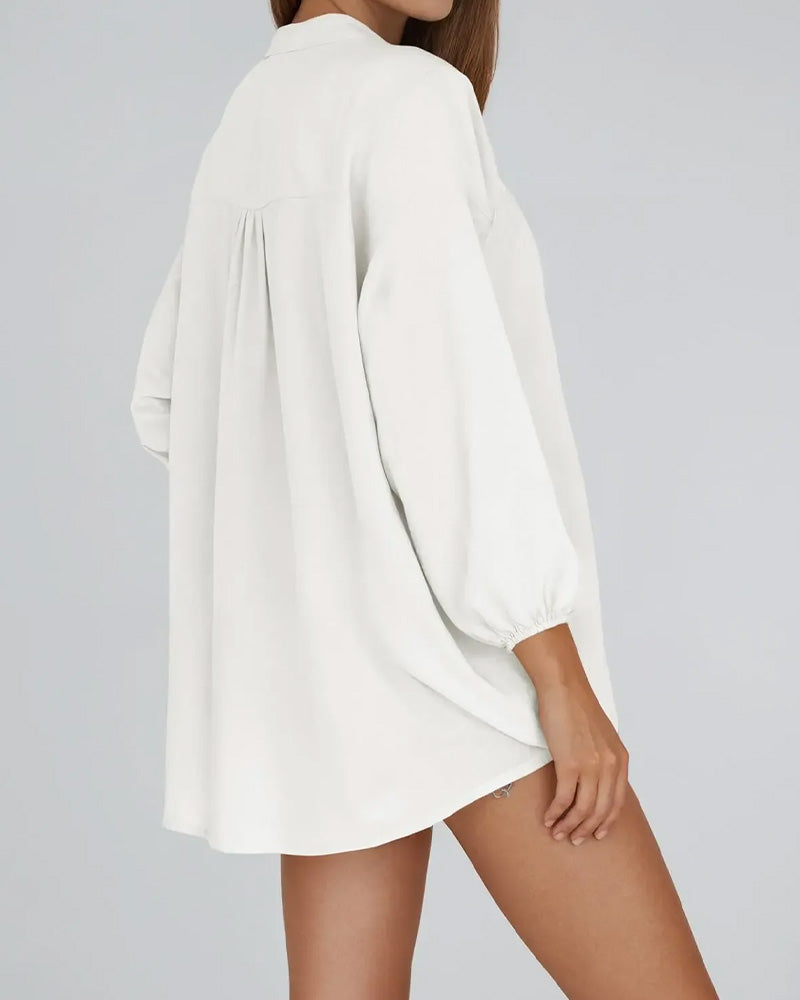 V-Neck Button-Up Puff Sleeve Blouse