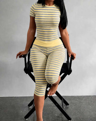 Crew Neck Stripe Short Sleeve Set