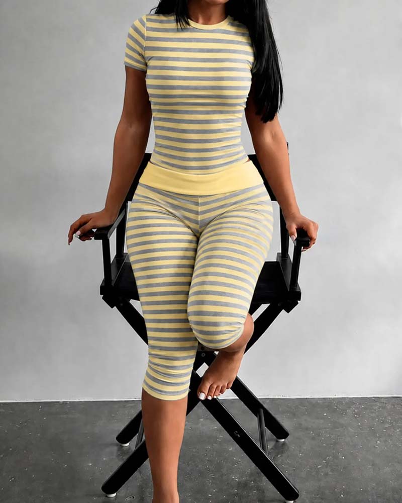 Crew Neck Stripe Short Sleeve Set