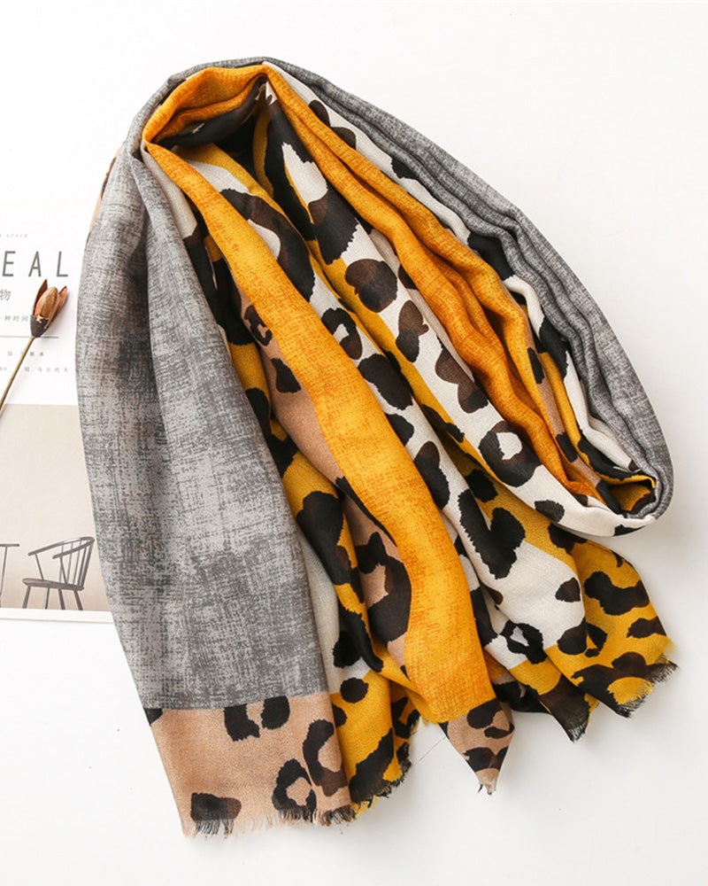 Women's Leopard Patchwork Print Fringe Shawl Scarf
