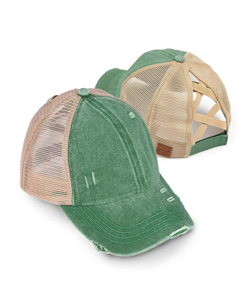 Adjustable Criss-Cross Back Distressed Denim Baseball Cap