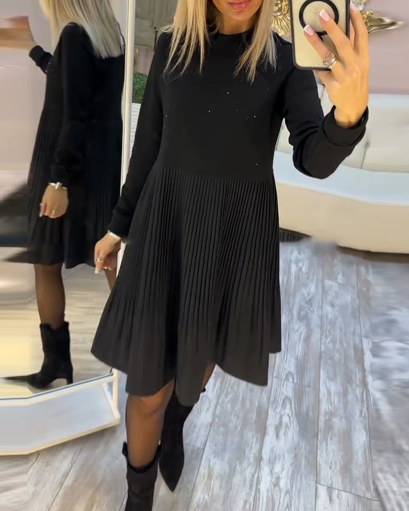 Long-Sleeved Rhinestone Pleated Dress