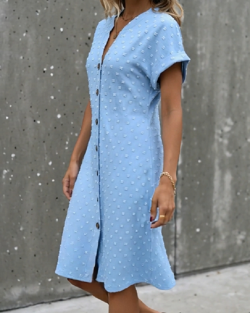 Jacquard V-Neck Button-Front Midi Shirt Dress