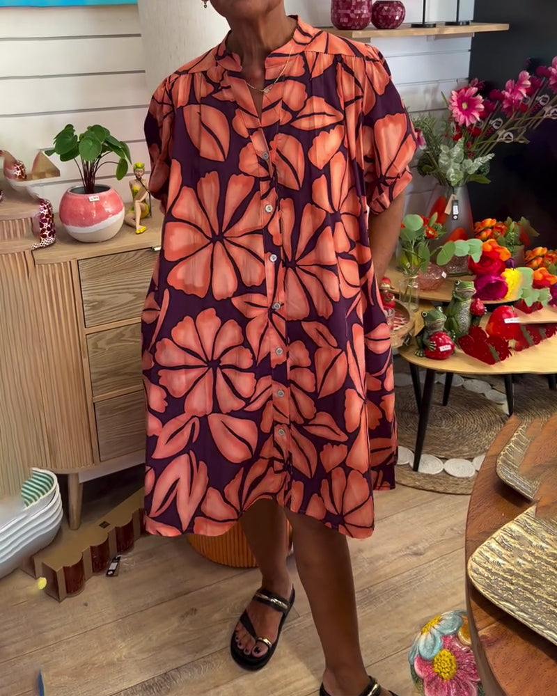 Puff Sleeve Floral Stand Collar Shirt Dress