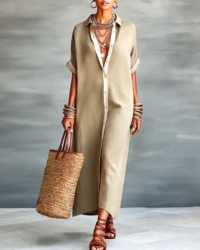 Elegant Lapel-Collar Draped Shirt Dress