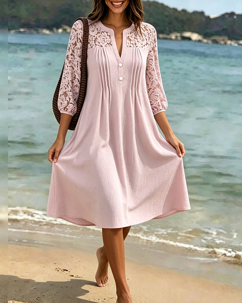 V-Neck Hollow Out Ruched Lace Dress