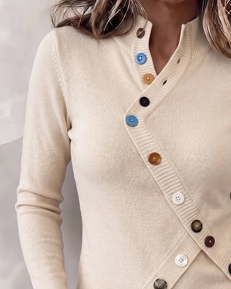 Mandarin Collar Color Block Asymmetrical Button Pullover