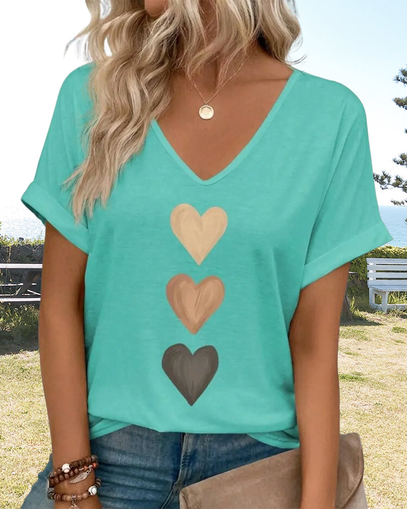 V-Neck Heart Print T-Shirt