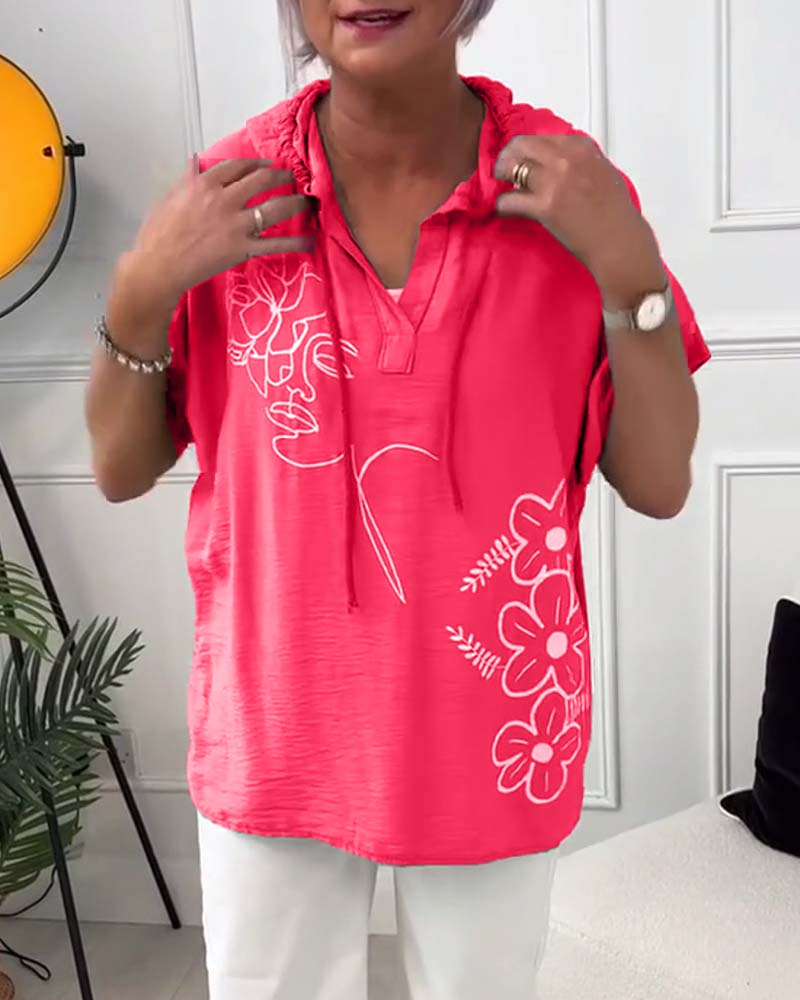 Casual floral print hooded short-sleeve blouse