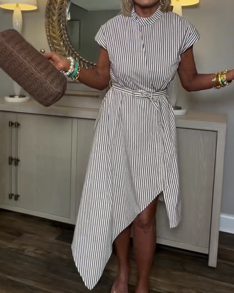 Vertical Stripe Belted Shirt Dress
