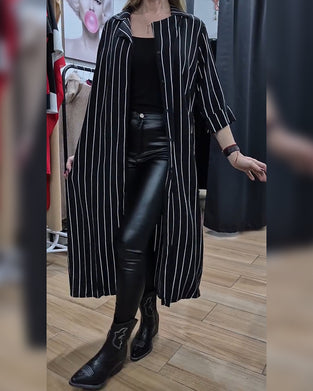 Shirt Collar Button Stripe Slit Coat