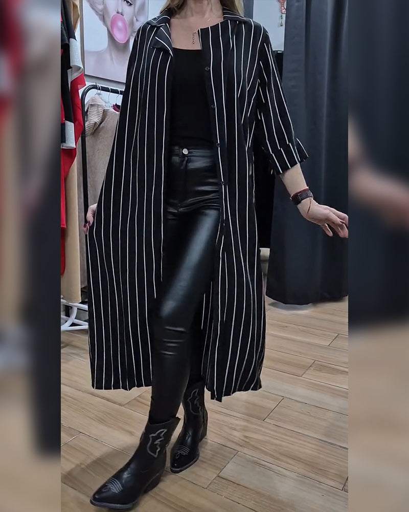 Shirt Collar Button Stripe Slit Coat