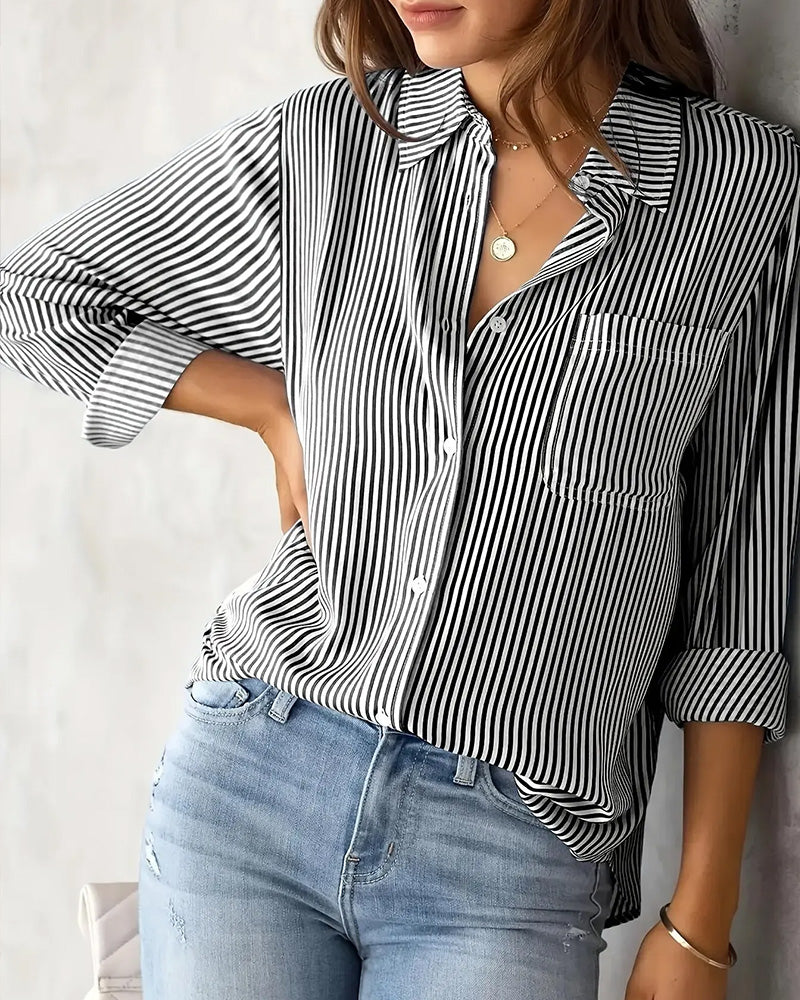 Striped Pocket Long Sleeve Loose Shirt