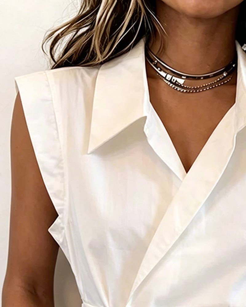 Waist-Cinched Sleeveless Cross Button Blouses