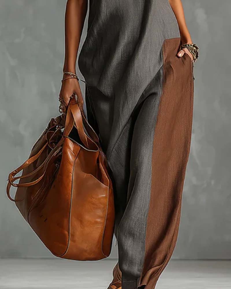 High Neck Asymmetric Patchwork Sleeveless Dress