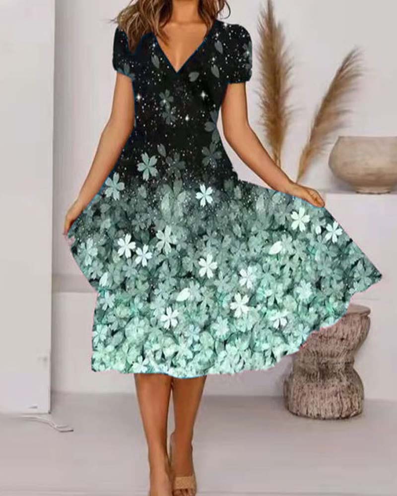 Short-Sleeved V-Neck Floral Dress