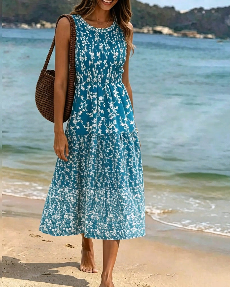 Sleeveless Floral Waist-Cinching A-Line Dress