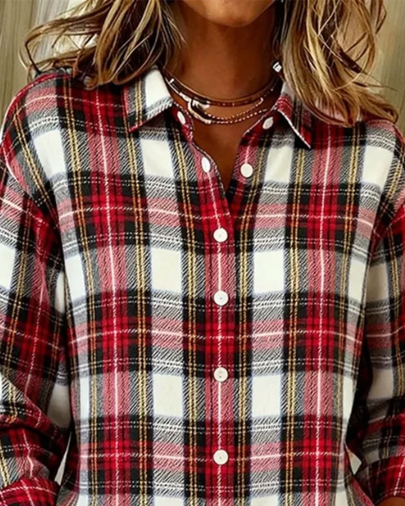 Lapel Button Plaid Long Sleeve Shirt