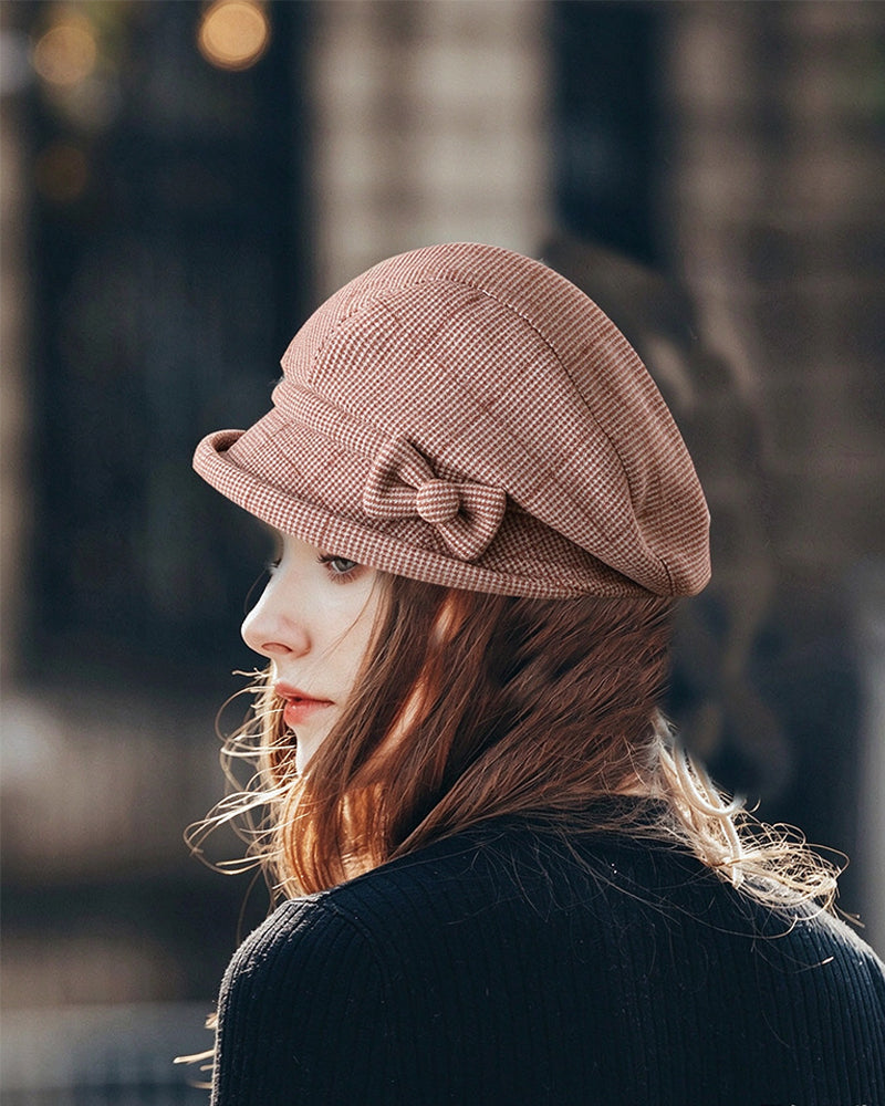 Women's Elegant Plaid Pattern Bow Decor Beret