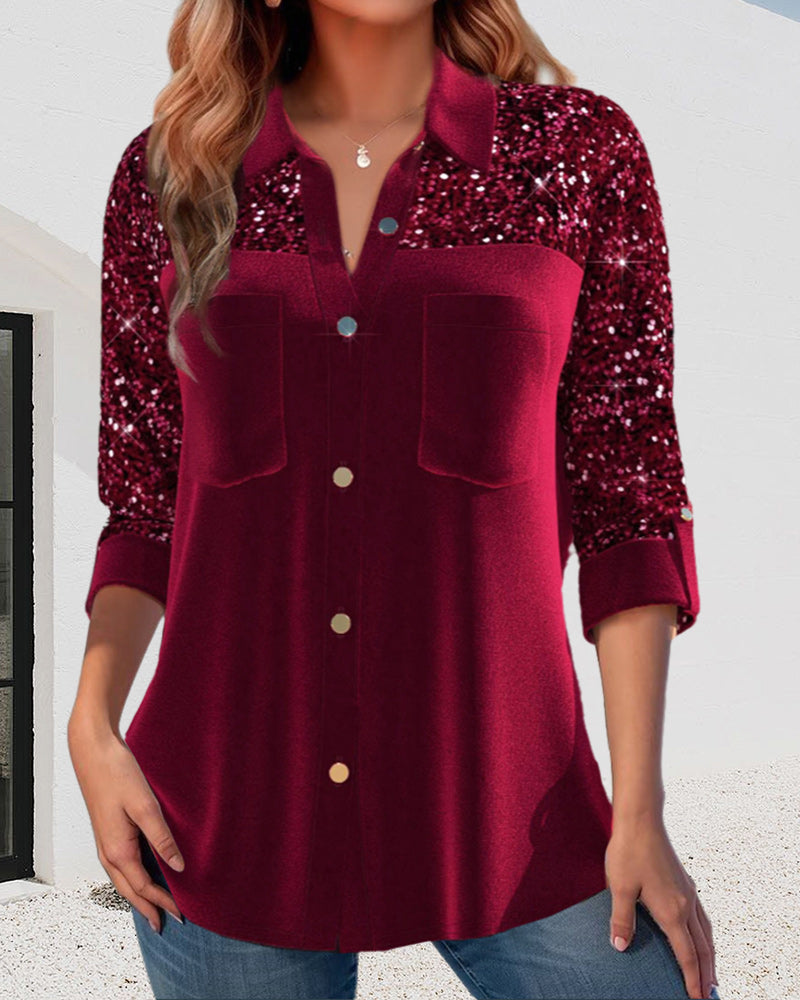 Sequin panel solid lapel button shirt