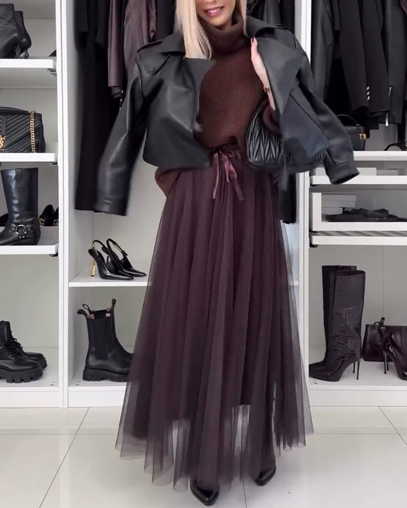 Casual solid color mesh lace-up pleated skirt