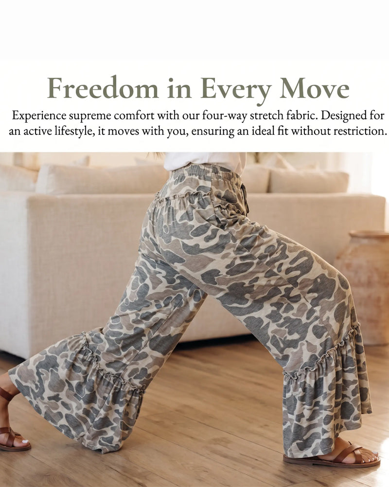 Elastic Waist Camo Ruffle Capri Pants