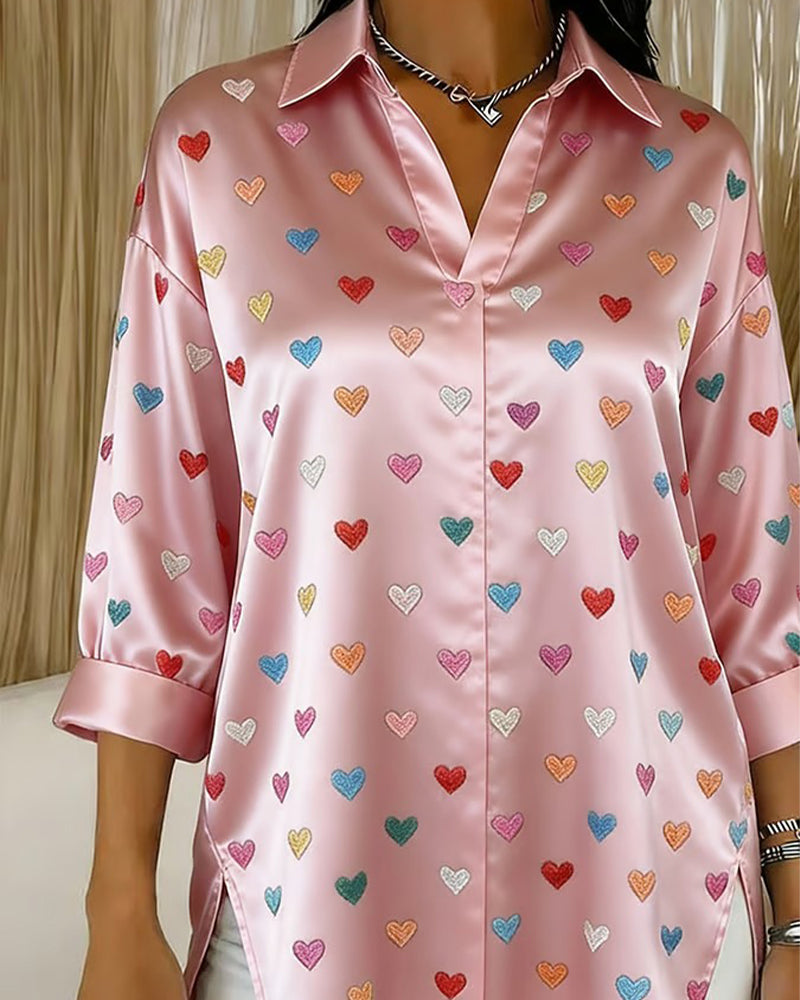 Three-Quarter Sleeve Lapel Love Blouse