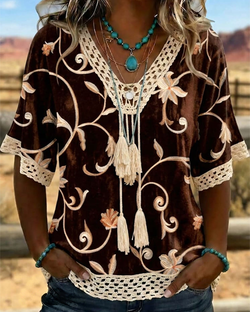 V-Neck Lace Fringe Floral Blouse