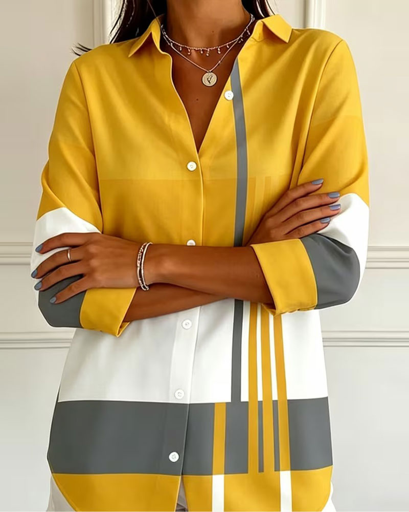 Geometric Color-Block Lapel Long-Sleeve Shirt