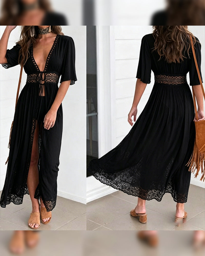 Lace Hollow Out Tie Swimsuit Cover-Up