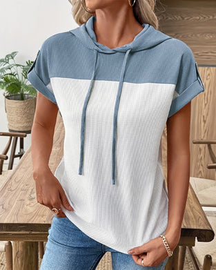 Hooded Waffle Color Block Top