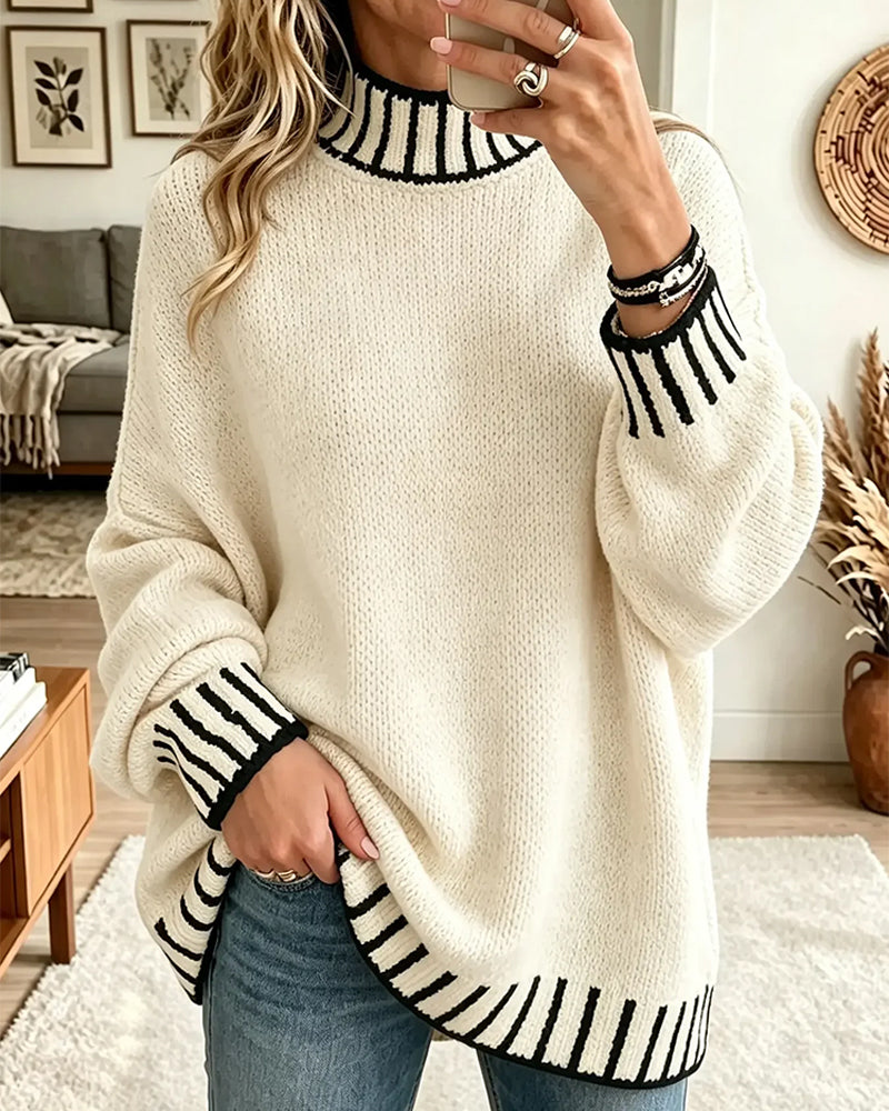 Contrast Striped Turtleneck Loose Pullover