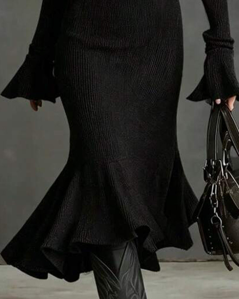 Zip Flare Sleeve Fitted Ruffle Dress