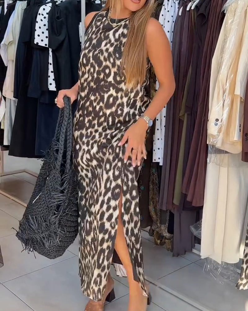 Crewneck Leopard Print Sleeveless Maxi Dress