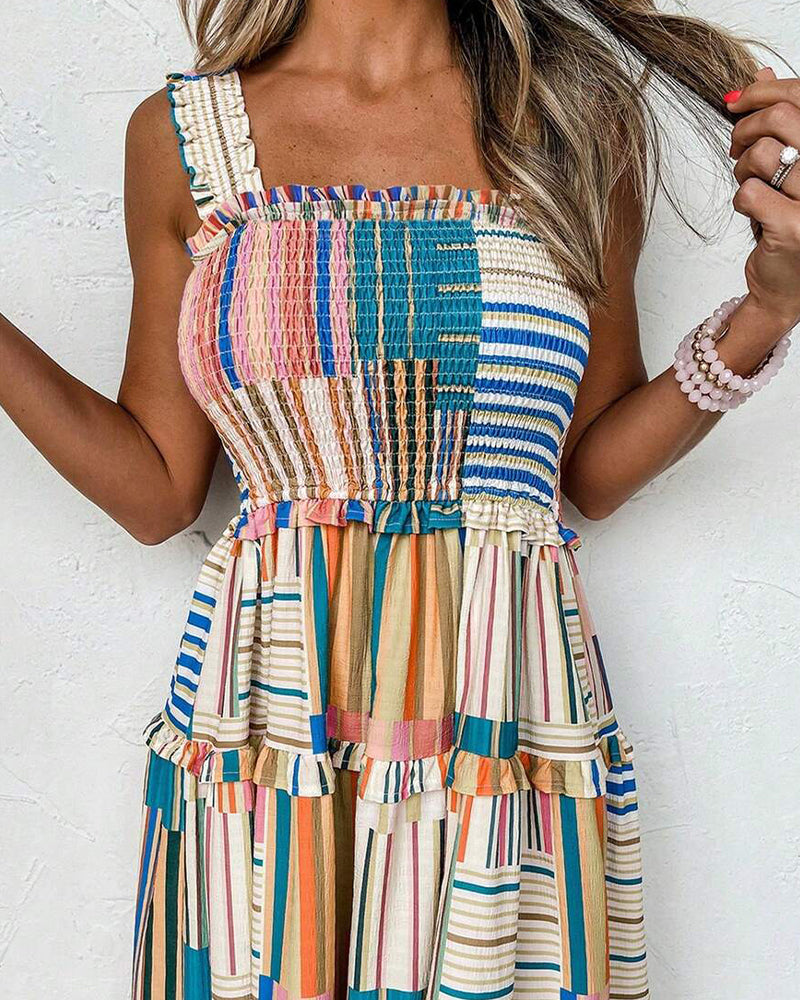 Strappy Striped Color Block Tiered Dress