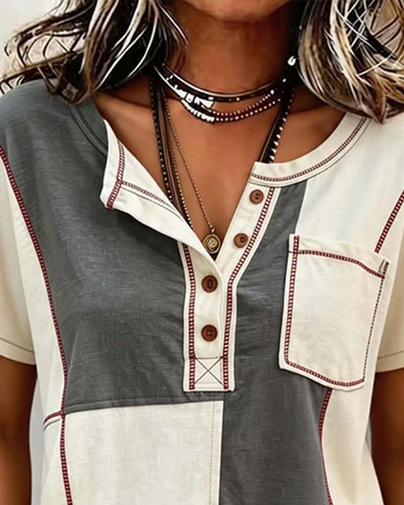 Contrast Color Crew Neck Button Patchwork T-Shirt
